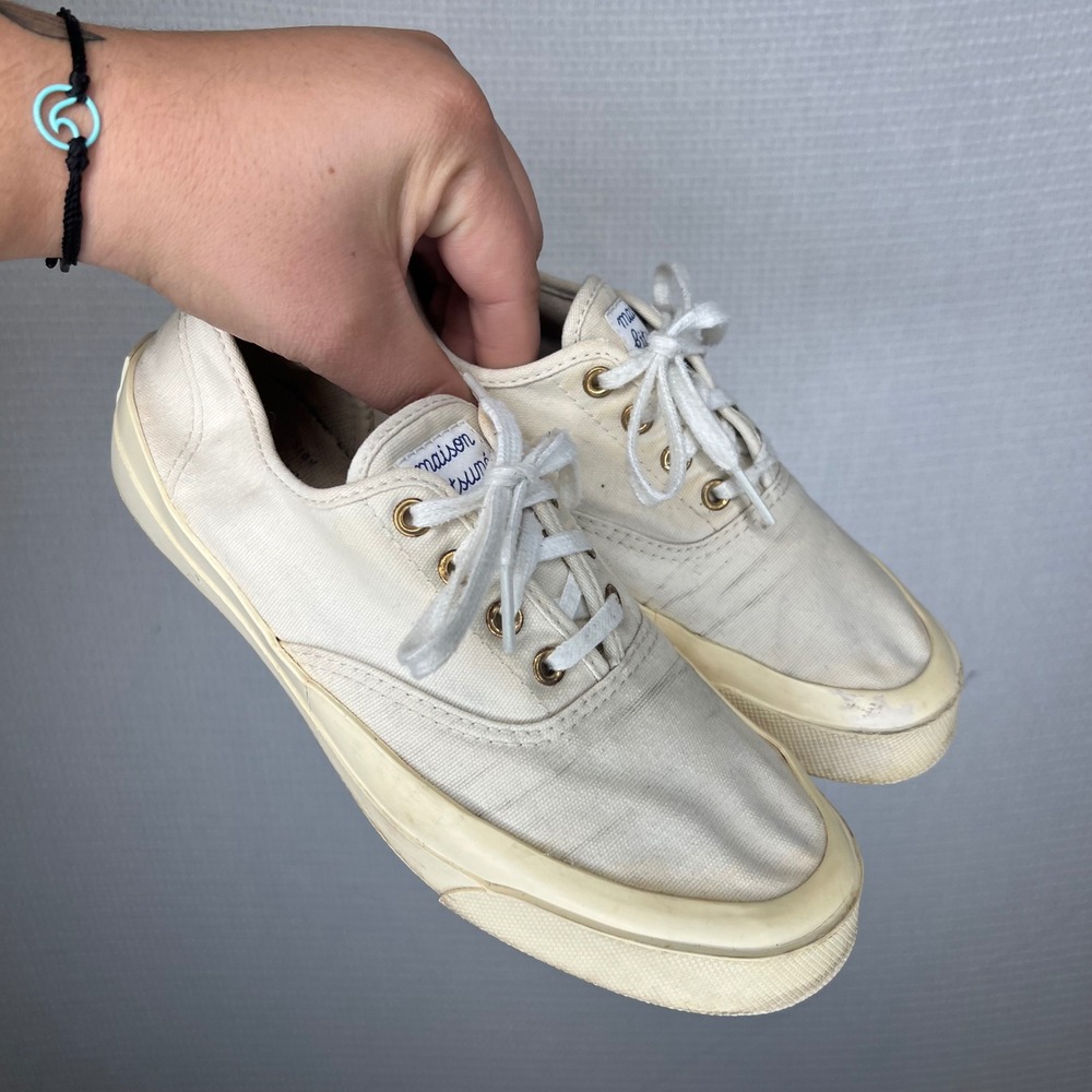 Maison Kitsune Womens Canvas Low Top Sneakers Cream Off White Size 37 EU 6 US